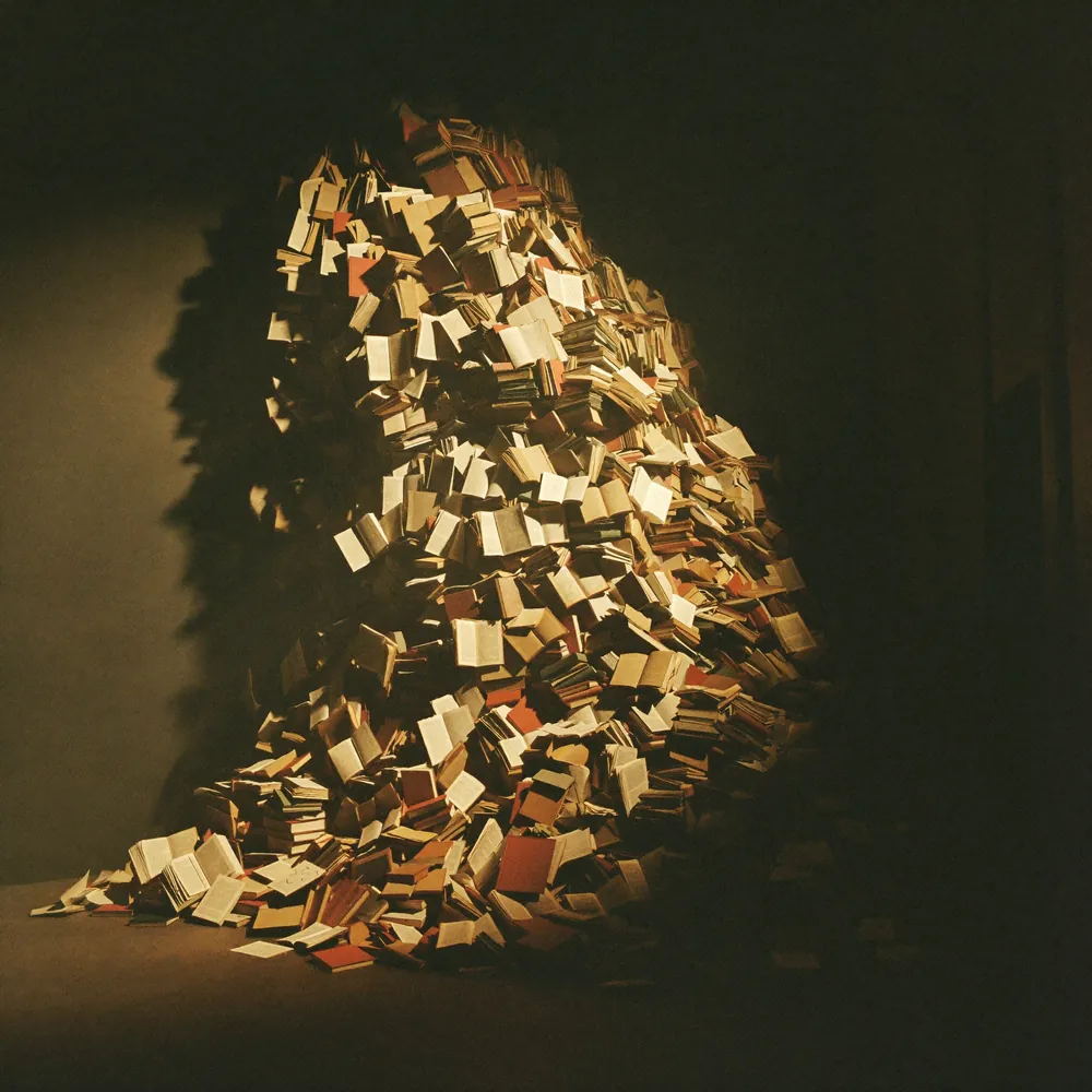 Avalanche de livros representando o excesso de conhecimento